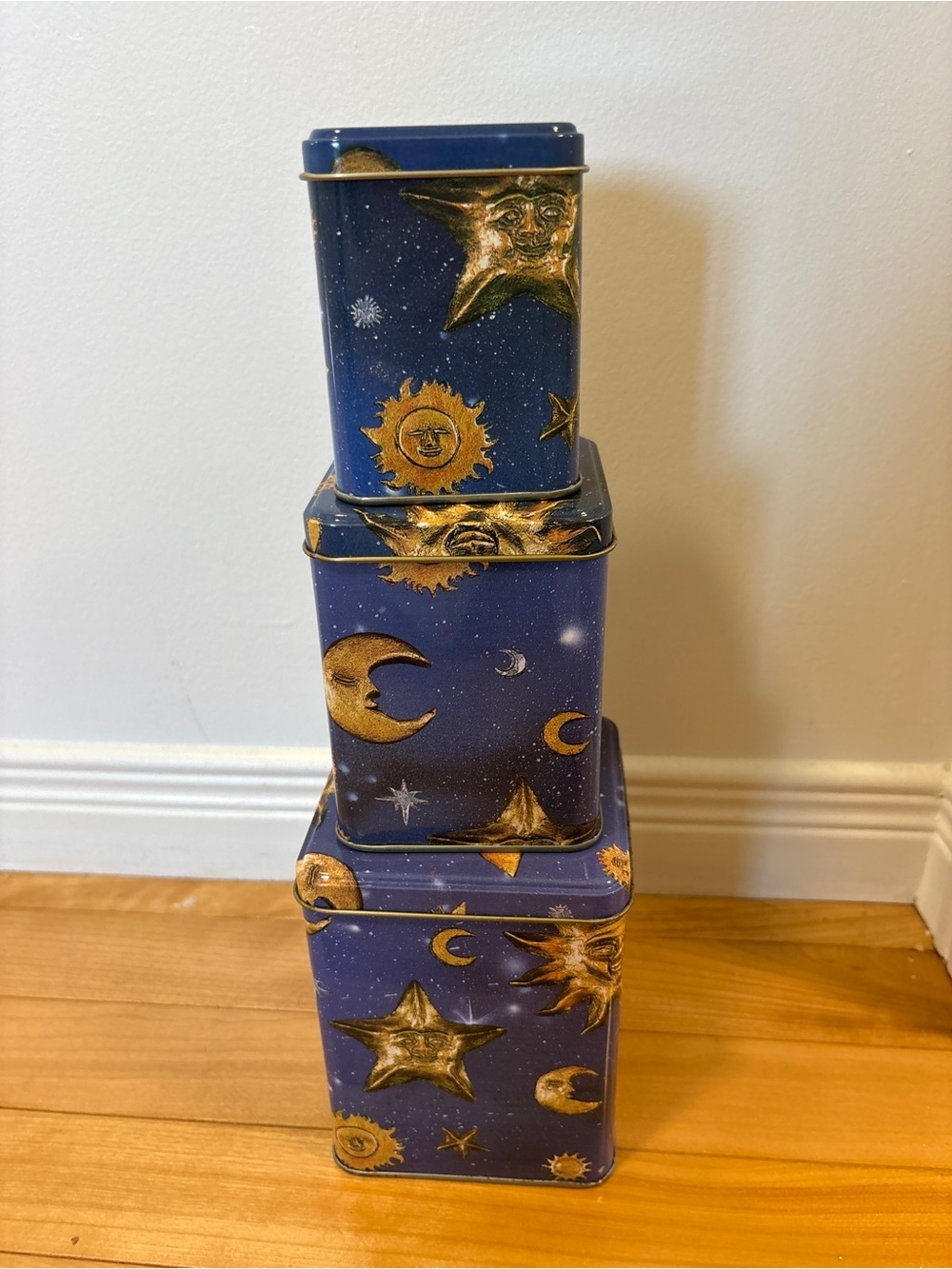 Vintage 90s Blue Celestial Sun Moon Stackable or Nesting Storage Tins Nostalgia